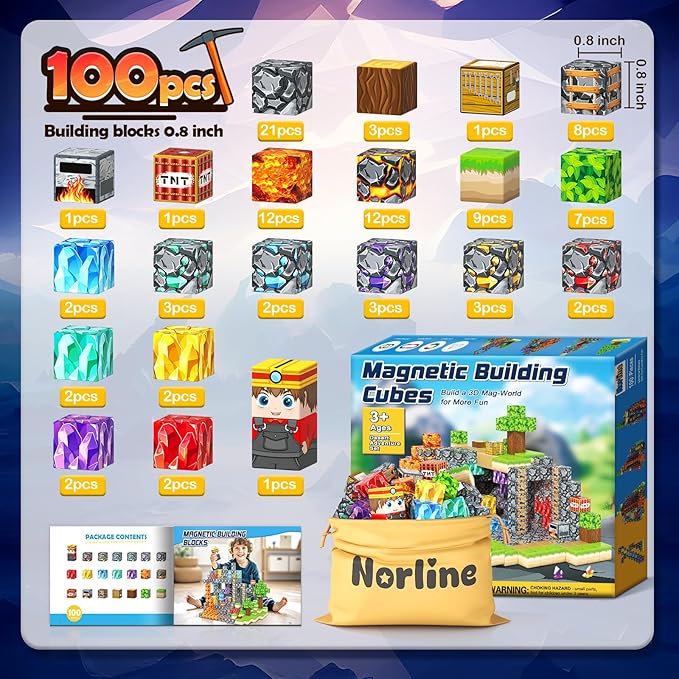 100PCS Magnetic Blocks Building Toys, Gem Cave Adventure Building Craft, Learning Sensory Toys for Boys Girls Age 3-12, Game Gift for Kids Little Gamers (0.8 inch)