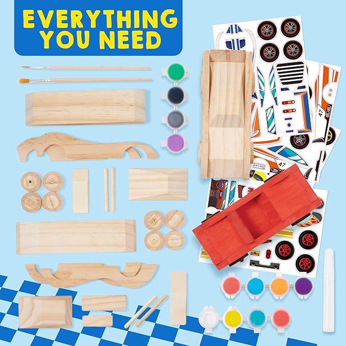 Klever Kits 4 DIY Wooden Race Cars-Build & Paint Your Own Wood Craft Kit, 4 Race Cars Toy, Easy to Assemble Arts Crafts Kit, Birthday Party Presents for Kids Boys and Girls