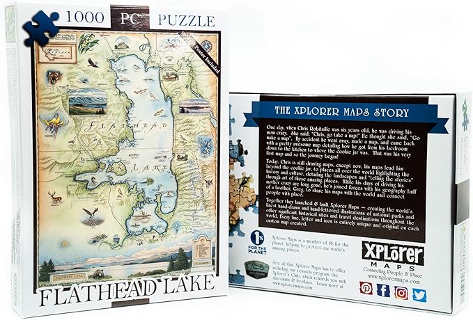 Montana's Flathead Lake Map Cardboard Jigsaw Puzzle - 1000 Pieces, Hand-Illustrated - Educational, Family Activity, Ages 7+, Includes Poster - 25.4 x 19.8