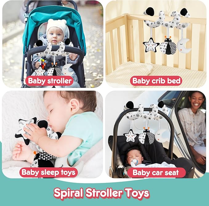 Baby Spiral Hanging Stroller and Car Seat Toys Black and White High Contrast Sensory Toy Newborn Plush Activity Toys Party Favors Quality Gifts for Baby Shower -Bug