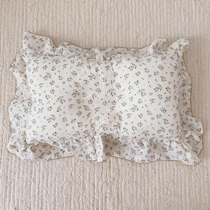 BuLuTu Gauze Muslin Pillow Cases for Toddler Girls Boys Soft Breathable Pillowcase Crib Size, 14"x20", 1 pc, Blue Floral Small Pillow Cover for Travel/Daycare/Nursery Decor, Enveloped Closure