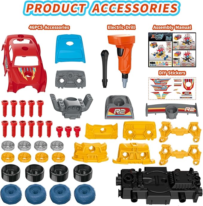 3-in-1 Take Apart Car for Boys with Electric Drill, 46Pcs Construction Toy Truck, Build Your Own Toy Car with Play Tools, Ideal STEM Gift for Kids Children Ages 3 4 5 6 7 8 9 Year Old Red
