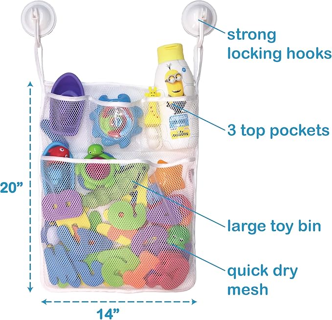 Lilly's Love Bath Toy Storage - Large 14 x 20 inch Bathtub Toy Holder + 2 Locking Hooks, Quick Dry & Easy for Kids to Put Bath Toys Away