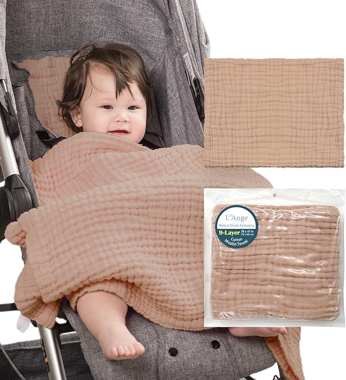 L'Ange Baby Bath Towel - 9 Layers 100% Cotton Muslin, Super Quick Dry, Medical Grade Packaging for Infants and Newborns - 28 x 47in - Khaki