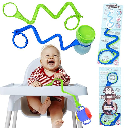Brilli Baby Cup Catcher Patented Safety Tether Strap, Attach Sippy Cups, Bottles, Pacifiers & More to Stroller, High Chair, Car Seat, Made in USA, Food Grade, Dishwasher Safe (Navy & Lime)