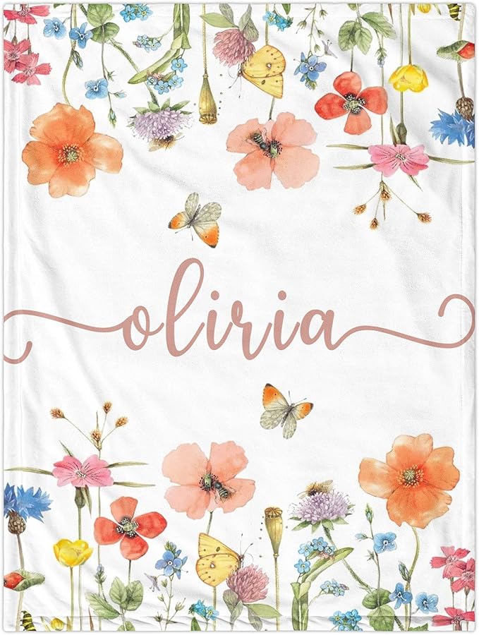 Personalized Swaddle Baby Blankets with Name Plants Flowers, Customized Floral Nursery Blanket for Girls, Newborn Shower Gifts for Baby Girls, Christmas Birthday Gift