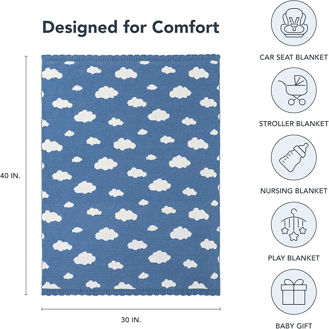 Berkshire Baby Blanket,Ultra-Plush Reversible Chenille Knit Toddler Blanket,Cute Pattern Nursery Crib Blanket,Ideal Baby Gift(30x40 Inches,Bouncy Clouds Harbor Blue)