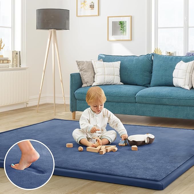 Baby Play Mat for Floor Tummy Time Mat Nursery Muscle Area Rug Playroom Rug Tatami 59"*59" Memory Foam 1.3" Thick Crawling For Babies,Toddlers, Infants, Kids,Floor(Blue)