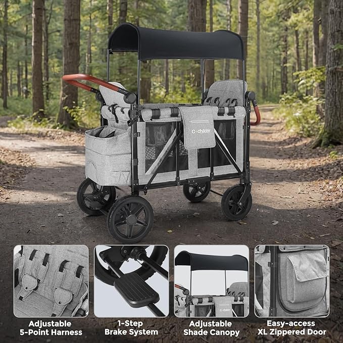 Premium 4-Seater Wagon Stroller for Kids, All-Terrain Heavy Duty Stroller Wagon with 300lb Capacity, 1-Hand Fold, High Seats with 5-Point Harness, Adjustable Canopy & Handlebars, Light Gray