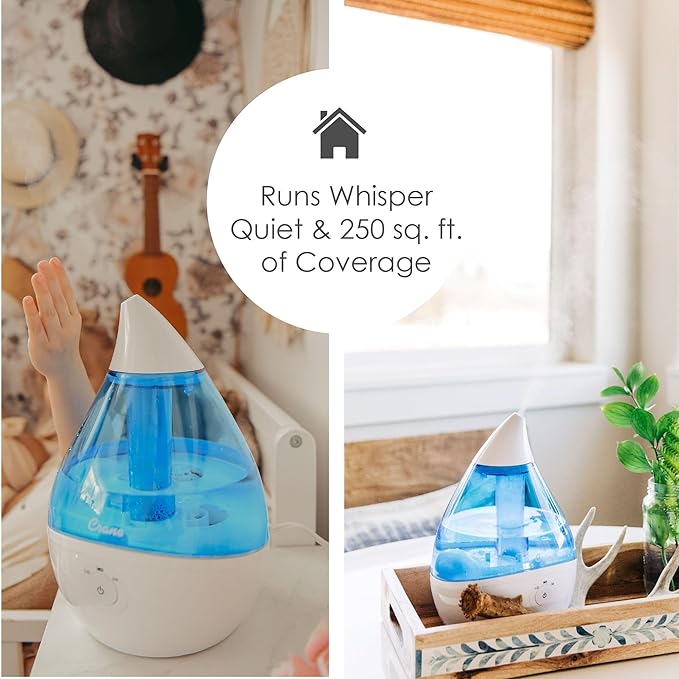Crane Droplet Ultrasonic Teardrop Cool Mist Air Humidifier, 0.5 Gallon for Bedroom and Office, Blue and White, Nursery Humidifier