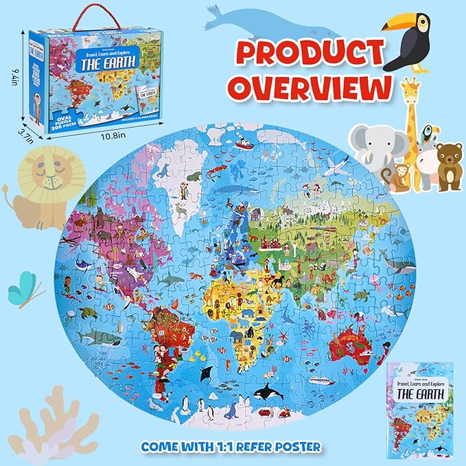 World Map Puzzle for Kids & Adults - 205 Piece World Map Jigsaw Puzzles Floor Puzzles Toddler Geography Educational Toys for Boys and Girls, Globe Atlas Puzzle Maps for Kids Learning Games