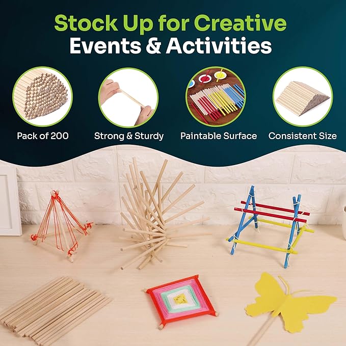 200 Wooden Dowel Rods 1/4" x 6", Precut Cake Wood Dowels for Crafting Tiered Cakes, Wooden Sticks for Crafts Supplies, Craft Wood Sticks for Flower Bouquet, Palitos de Madera para Manualidades