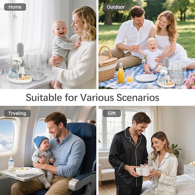 Baby Bottle Brush Set - 7 in1 Travel Bottle Cleaner Kit with Silicone Brush, Nipple Brush, Straw Brush, Bottle Drying Rack, Soap Dispenser, Storage Box, Baby Travel Essential Gift for Parents (Grey)