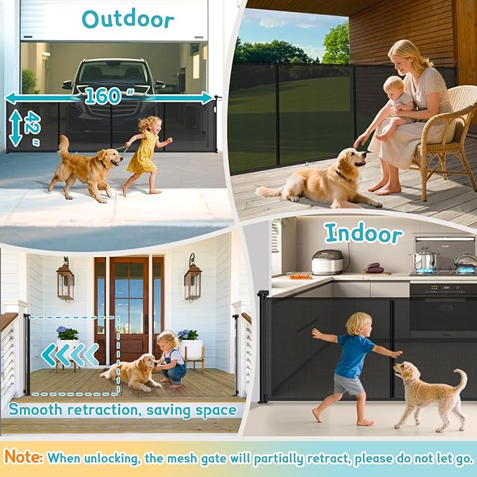 160 Inch Retractable Baby Gates Extra Wide, 42 Inch Extra Tall Retractable Gate, 13 FT Reinforced Retractable Dog Gate with Reinforcement Rod to Prevent Crawling Through, for Doorways, Stairs, Hallway