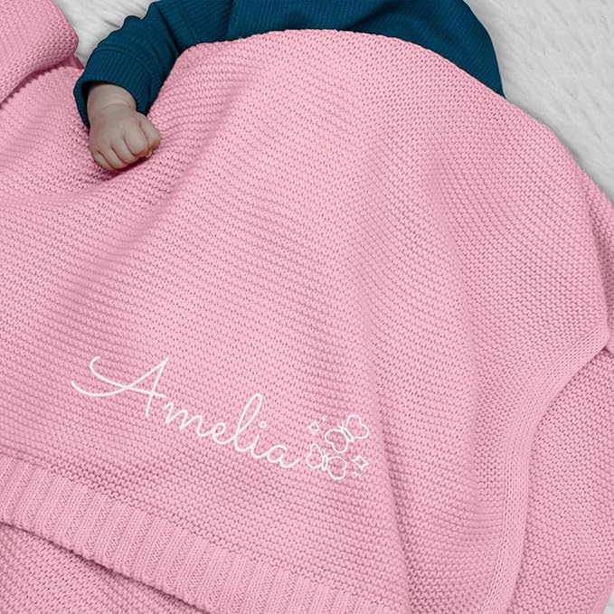 Personalized Baby Blanket, Embroidered Name, 100% Cotton Handmade Custom Blanket, 350GSM Knit Blankets, Newborn Boy Or Girl Baby Gift