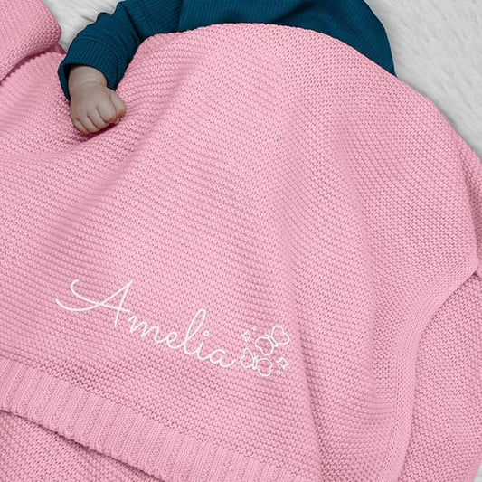Personalized Baby Blanket, Embroidered Name, 100% Cotton Handmade Custom Blanket, 350GSM Knit Blankets, Newborn Boy Or Girl Baby Gift