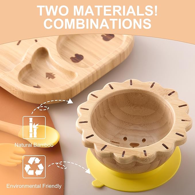 Suction Plates Bowls Set for Baby Toddler Non-Toxic Bamboo Feeding Set with Silicone Fork & Spoon (Yellow Feeding Set)