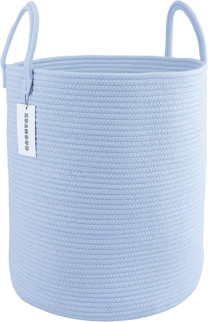 Cotton Rope Laundry Basket Hamper for Clothes Woven Storage Basket for Living Room Bedroom Boho Tall Rope Baskets for Blanket Toys Pillow Towels Baby Nursery Hamper Bin light blue