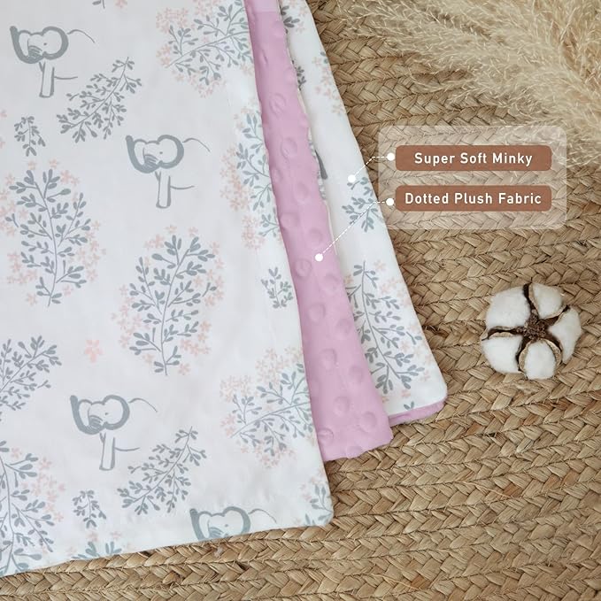 Baby Blankets for Girls Soft Plush Nursery Minky Blanket Neutral with Print Pink Forest Elephant and Cozy Raised Dotted Fleece Backing, 30 x 40 Inch Double Layer Bed Throws