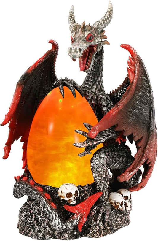 Evil Dragon Snow Globe Statue, Illuminated Water Filled Egg, Rotating Mist Effect, Skull-Embedded Base, Fire Dragon Egg Glow with 6H Timer, Battery Operated, Unique Halloween Snow Globe Holiday Decor