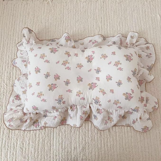 BuLuTu Chic Floral Themed Toddler Pillowcases with Ruffles, 100% Cotton Muslin Pillow Cases Crib Size Pillow Cover with Tuberose Flower Print, 14"x20", Children Bedding Gift