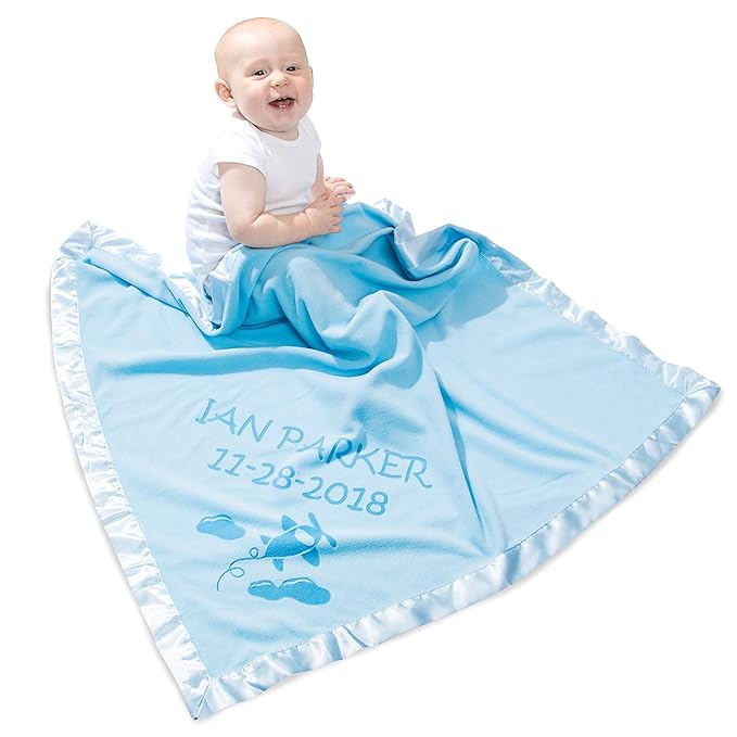 Custom Catch Ships Next Day from Vermont - Personalized Airplane Baby Blanket - Boy Name Gift - Blue or Pink (2 Text Lines)