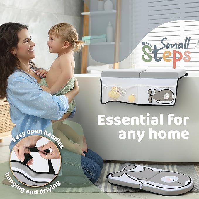 Small Steps Bath Kneeler and Elbow Rest Pad Set – Ergonomic Baby Bath Kneeling Pad with Memory Foam and Non-Slip Design – Orca-Themed Comfort with Handy Pockets for Bathing Babies and Kids