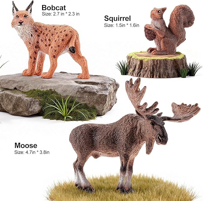 12PCS Large North American Animal Figurines, Realistic Safari Woodland Jungle Animals Figures Toys Includes Crocodile,Wolf,Bear,Deer Cake Toppers Birthday Gift Party Favors Toys for Toddlers
