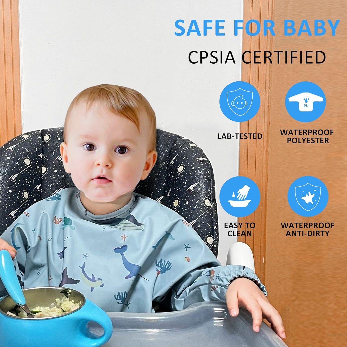 Long Sleeve Baby Bibs for Toddlers, Waterproof, Boys Girls Smock with Food Catcher Pocket for Feeding, Eating