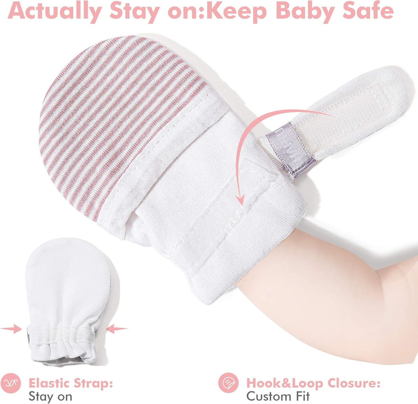 HAPIU Baby No Scratch Mittens Stay On, 100% Cotton Breathable, Adjustable Infant Gloves for Boys Girls, Newborn - 12 M