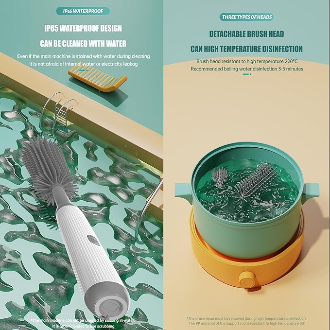 Electric Bottle Brush Set with Baby Bottle Brush 4-Piece,Bottle Brush,Nipple Brush,Straw Brush and Extension Handle,USB Rechargeable,Gift for Pregnant Women and New Moms (Grey)