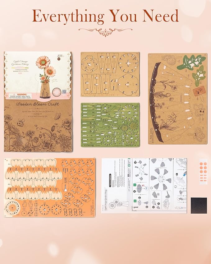 3D Flower Wooden Puzzles for Adults-Gerbera Daisy, DIY Wooden Flowers Model Kit Building Set Crafts for Adults to Build, Botanical Collection/Ideal Creative Gift Ideas/Housewarming (105PCS)