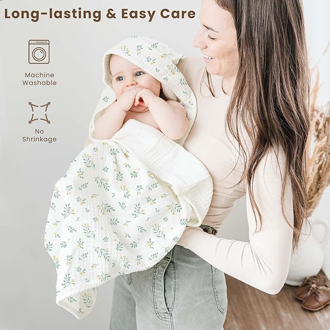 Konssy 2-Pack Muslin Hooded Baby Towels, 100% Cotton, Ultra-Soft & Absorbent Baby Bath Towels with Hood for Newborn & Infant (Green, Leafy,32" x 32")