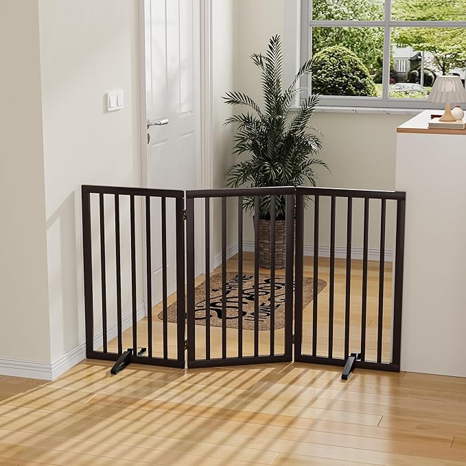 Dog Gate for Doorways 32" Tall Freestanding Dog Gate for Stair Foldable Pet Gate for Dogs Indoor (Brown,3 Panel)