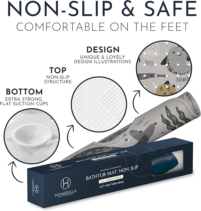 Homerella Baby Bath Tub Mat | Anti Mold Mildew Resistant Non Slip Kids and Adult Bath Tub Shower Mats | 40x16 inch Long with Suction Cups for Secure Grip Hooks for Storage & Drying | Machine Washable