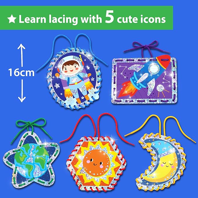 Premium Foil Edge Lacing Cards for Kids Ages 3-6 | 5 Double-Sided Space Sewing Cards with Multilingual Learning | Durable Cardboard Fine Motor Skills Activity Kit