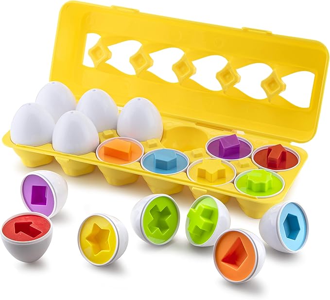 Play Brainy Shape and Color Matching Eggs – Easter Egg Toy – Educational Montessori STEM Toy for Toddlers and Preschoolers – Great for Color and Shape Recognition Development – Set of 12 Shape Eggs,