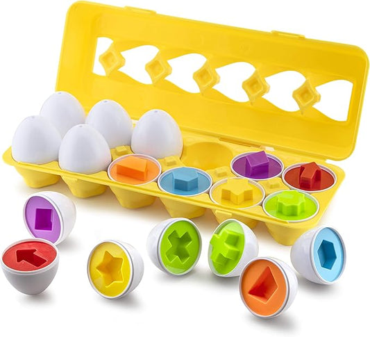 Play Brainy Shape and Color Matching Eggs – Easter Egg Toy – Educational Montessori STEM Toy for Toddlers and Preschoolers – Great for Color and Shape Recognition Development – Set of 12 Shape Eggs,