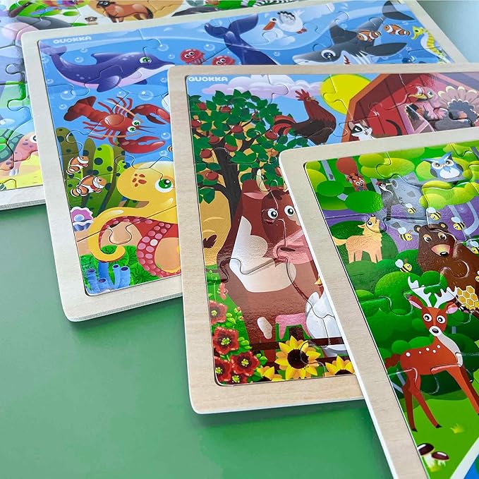 QUOKKA 4SET Puzzles for Kids Ages 4-6 - 24 Pcs Wooden Toddler Puzzles Ages 3-5 - Africa Ocean Animals Farm Learning Games for Boys and Girls 4-8 Year Olds