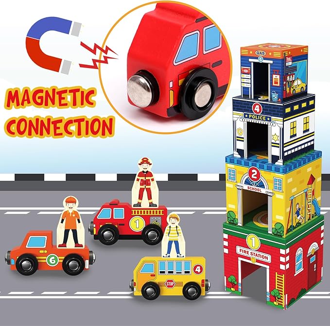 Atoylink Toddler Sorting and Stacking Toys with Magnetic Wooden Cars & Community Helpers, Baby Number Blocks Nesting Boxes Preschool Learning Montessori Toys for 1 2 3 Year Old Boys Girls Gift