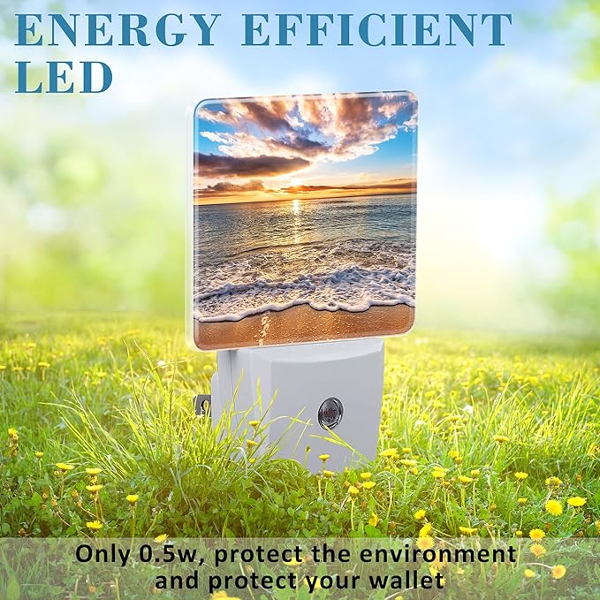 Colorful Ocean Beach at Sunrise Night Light Plug into Wall with Dusk to Dawn Sensor Cute Nightlight for Kid Girls Boys Women Men Room Decor, Hallway, Kitchen, Bathroom, Nursery, Stairs
