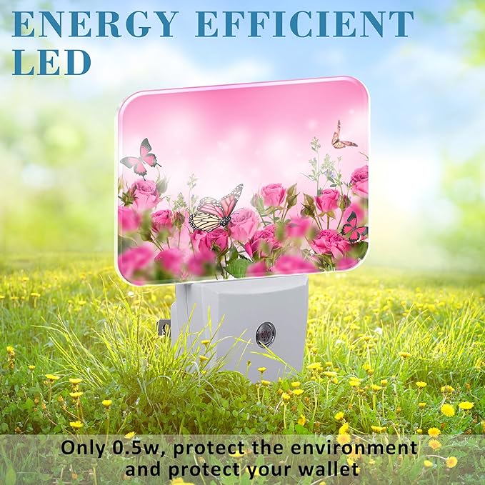 Beautiful Pink Roses Plug in Night Lights, Pink Butterfly Nightlight Plug Into Wall Dusk to Dawn Sensor for Kid Girls Boys Women Men Room, Hallway, Kitchen, Bathroom, Stairs Decor