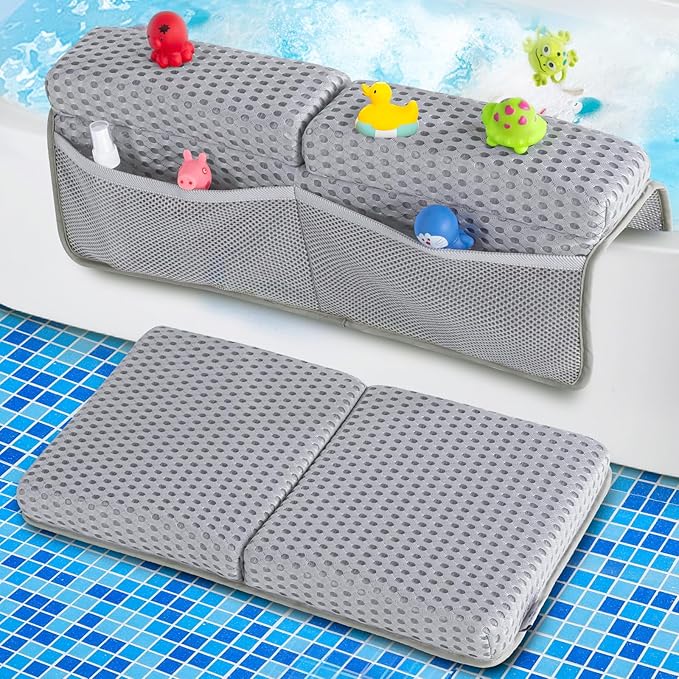 OS OMYSTYLE Baby Bath Kneeler and Elbow Rest Pad Set, 1.5'' Thick Quickly Dry Bathtub Kneeler Pad with Baby Toys & Bath Accessories Organizer, Kneeling and Elbow for Baby Tub, Non-Slip Mat(Light Grey)