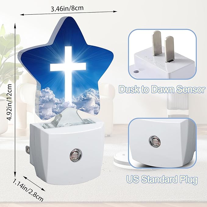 Cross Heaven Night Light,White Cross Sunset Plug-in Star Night Lights with Dusk-to-Dawn Sensor for Bedroom,Bathroom,Living Room Sleep Friendly Lamp for Women Girls Boys Gift,0.5W