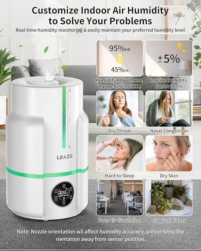6L Humidifiers for Bedroom, 60H Runtime 26 dB Quiet Supersized Cool Mist Air Humidifiers for Large Room, Baby Nursery, Plant, Indoor, Night Light, Easy to Clean, Precise Humidity Control
