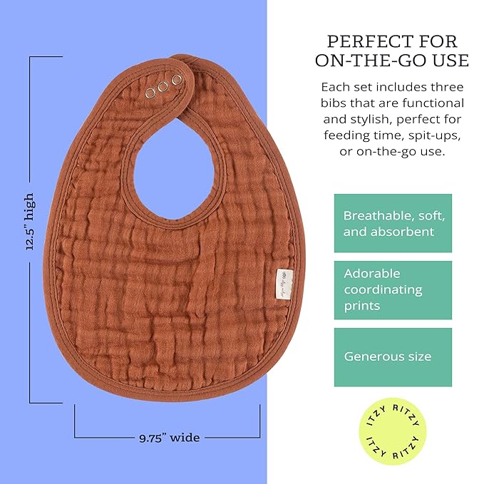 Itzy Ritzy Set of 3 Baby Bibs - Ultra-Soft Adjustable Infant & Toddler Bibs Made of Triple-Layer Cotton Muslin, Ideal for Drooling, Teething, & Eating - 3 Stylish, Coordinating Prints (Cow Print)