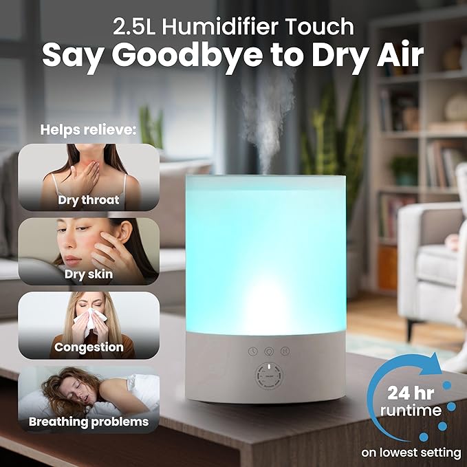 Everlasting Comfort 2.5L Top Fill Humidifiers for Bedroom - Quiet Easy to Fill & Clean, 24HR Runtime, Night Lights, Timer, Ultrasonic Cool Mist Humidifier, Auto Shut-Off, Essential Oil Diffuser