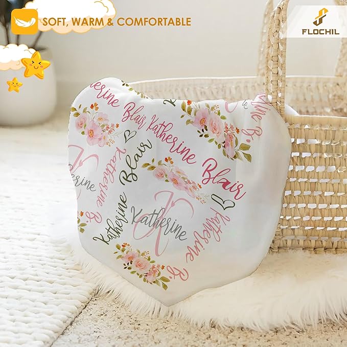 FLOCHIL Personalized Baby Blankets, Custom Baby Blanket - Baby Blanket with Name for Girls, Best Gift for Newborn Floral Plush Fleece (30x40) (Monogram)