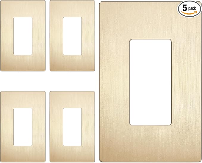 LIDER Brushed Finish Decorator Switch Cover, Screwless Wall Plate, Mid-Size 1-Gang 4.88" x 3.11", Unbreakable Polycarbonate Thermoplastic, UL Listed, LSWP-31M-BGD5P, Brushed Gold, 5 Pack