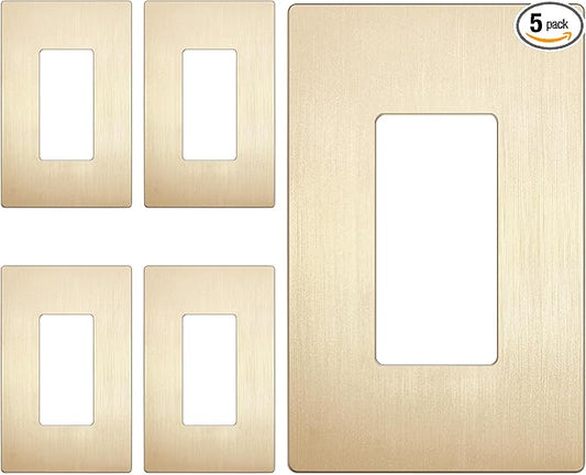 LIDER Brushed Finish Decorator Switch Cover, Screwless Wall Plate, Mid-Size 1-Gang 4.88" x 3.11", Unbreakable Polycarbonate Thermoplastic, UL Listed, LSWP-31M-BGD5P, Brushed Gold, 5 Pack
